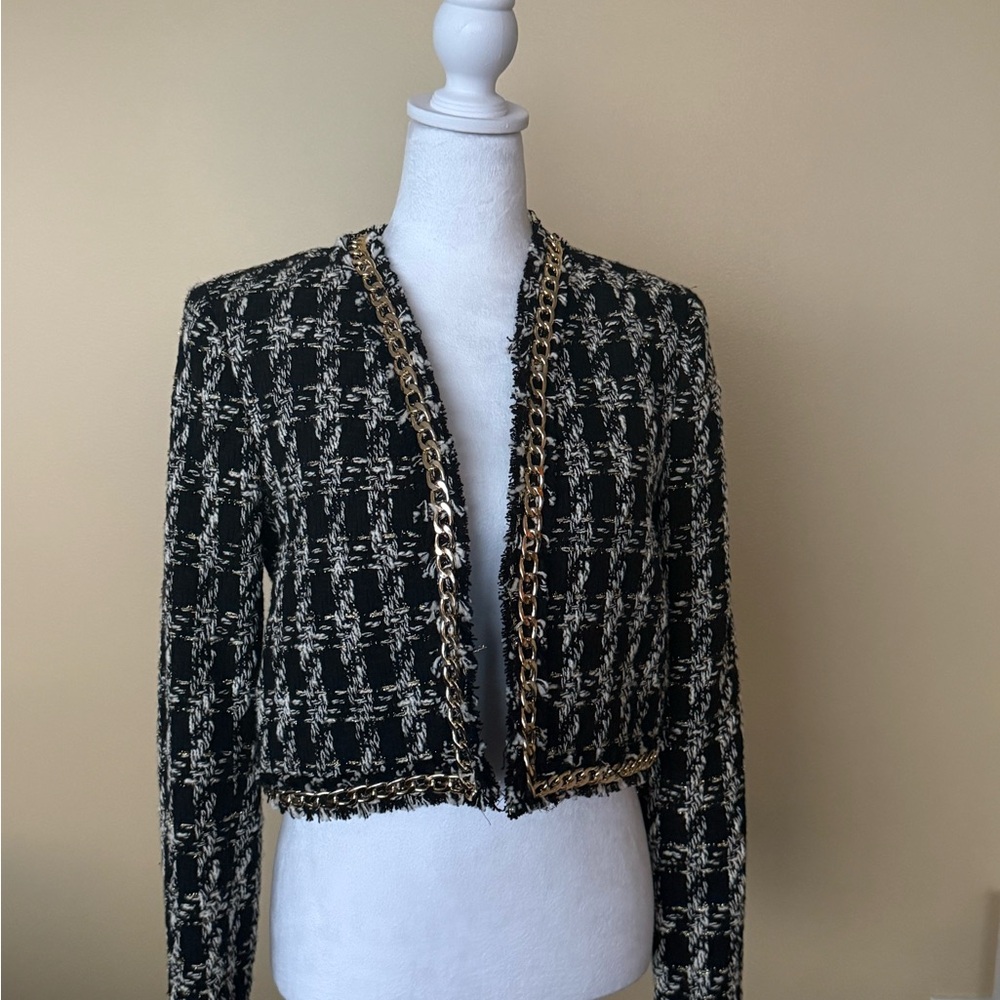 Alice + Olivia Zeta Black and Cream Tweed Blazer